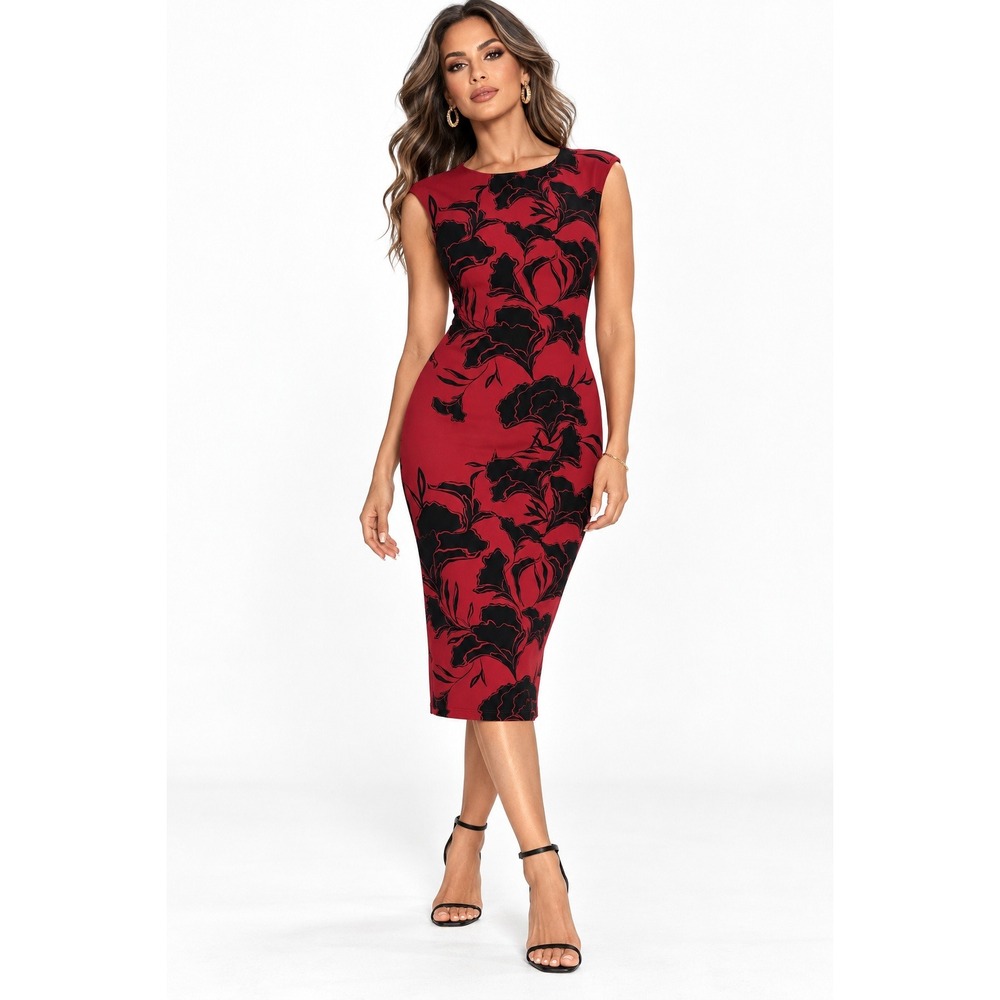 Maggy London Kai Fitted Dress Red Black Floral Sleeveless Sheath Midi Womens 14